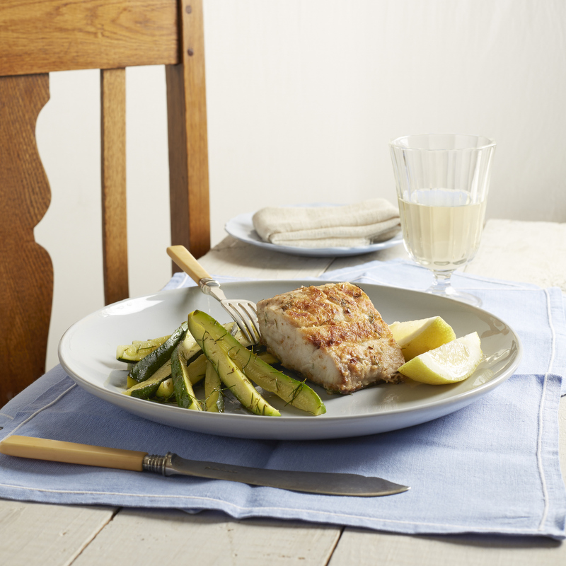 Fish in a pan & steamed baby marrows with dill